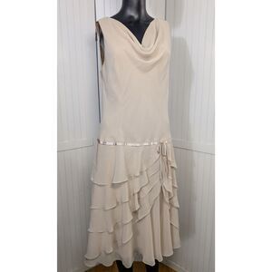Liz Claiborne Dresses 12 Beige Chiffon Tiered Ruffle Dress Sleeveless Cowl Neck